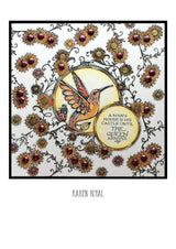 Summer Hoop A5 Clear Stamp Set Colorful artwork featuring a hummingbird and floral designs with the quote "A man's house is his castle until the queen arrives" by Karen Royal.