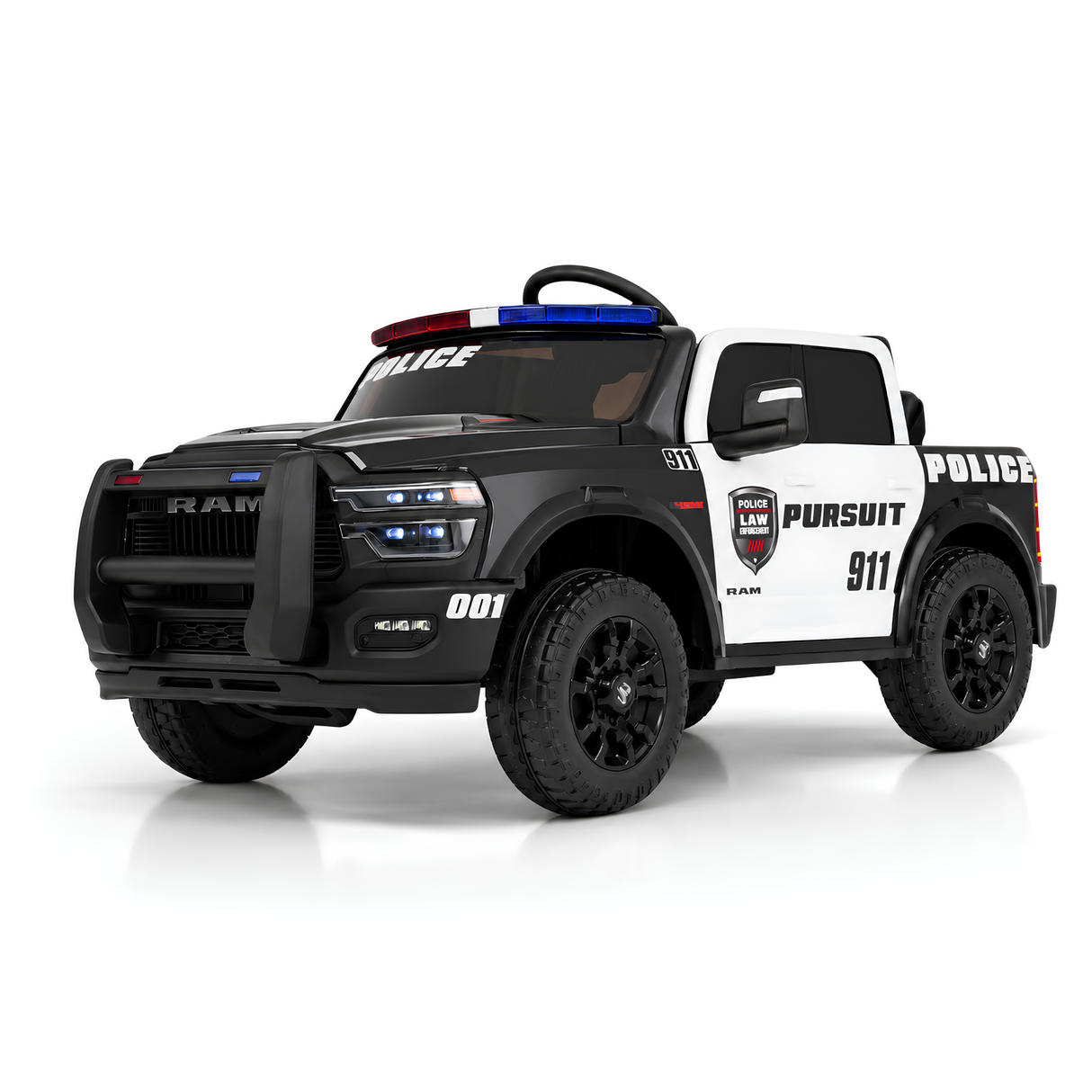 24V Police Officer Edition Kids 2-Seater Ride-On RAM Truck W/ Rubber Wheels, Siren, Music Player & RC