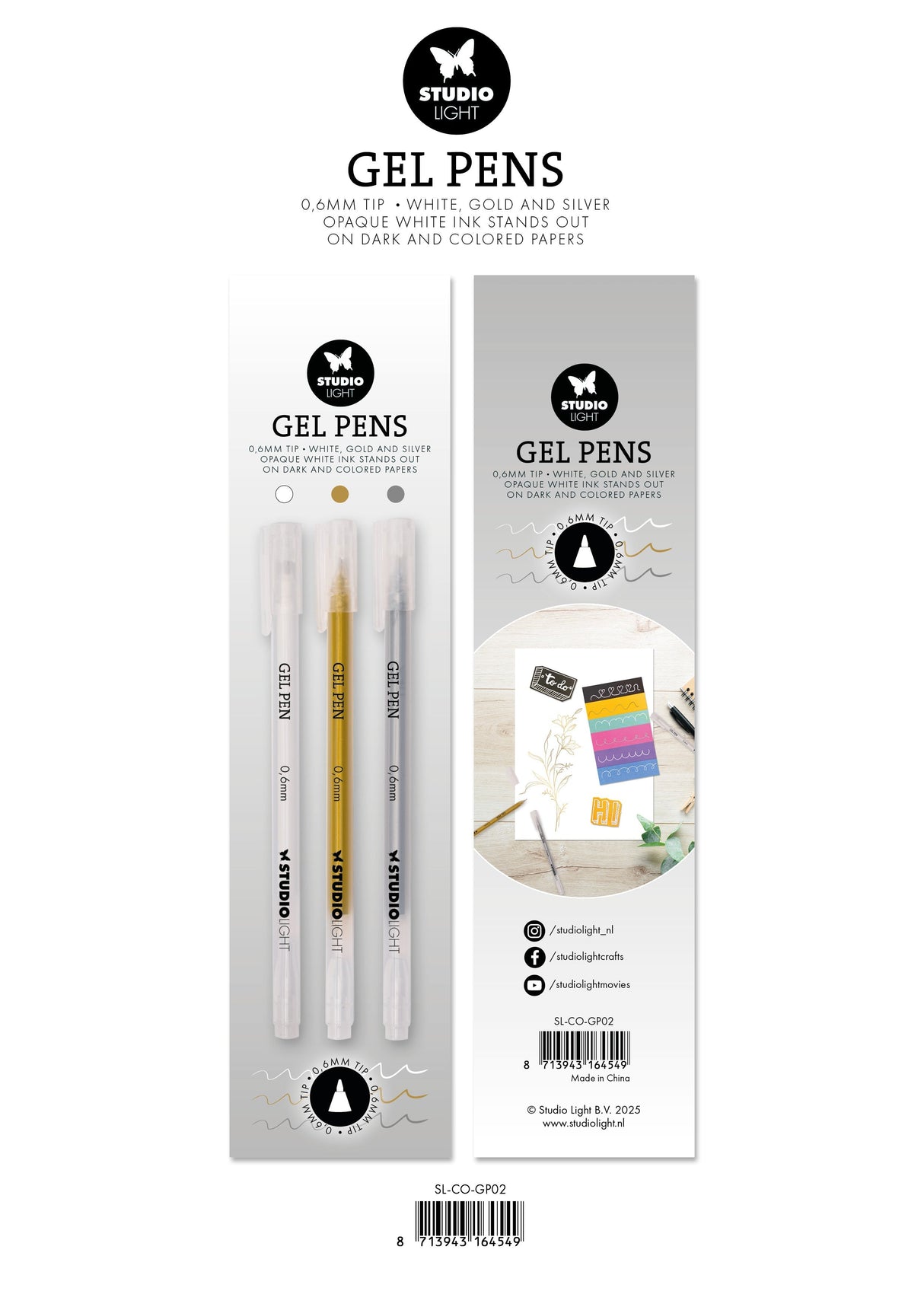 SL Gel Penns White, Gold and silver 0.6mm Essentials 8x154x9mm 3 Pieces