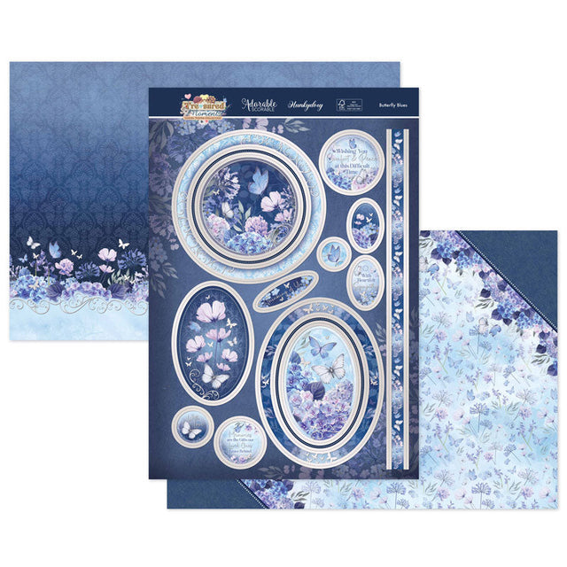 Butterfly Blues Luxury Topper Set featuring floral designs and decorative frames on dark blue background.