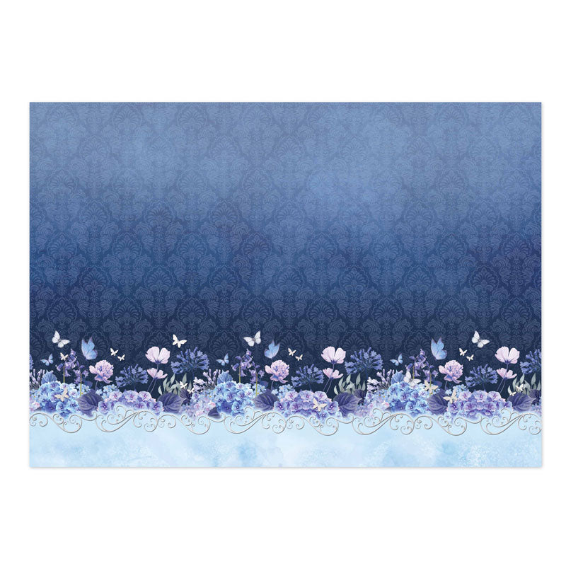 Butterfly Blues Luxury Topper Set featuring floral and butterfly designs in rich blue tones.