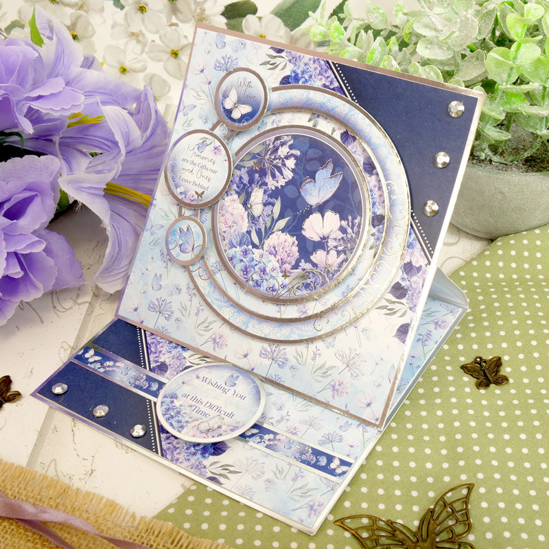 Butterfly Blues Luxury Topper Set displayed on a greeting card with floral designs and butterfly accents.