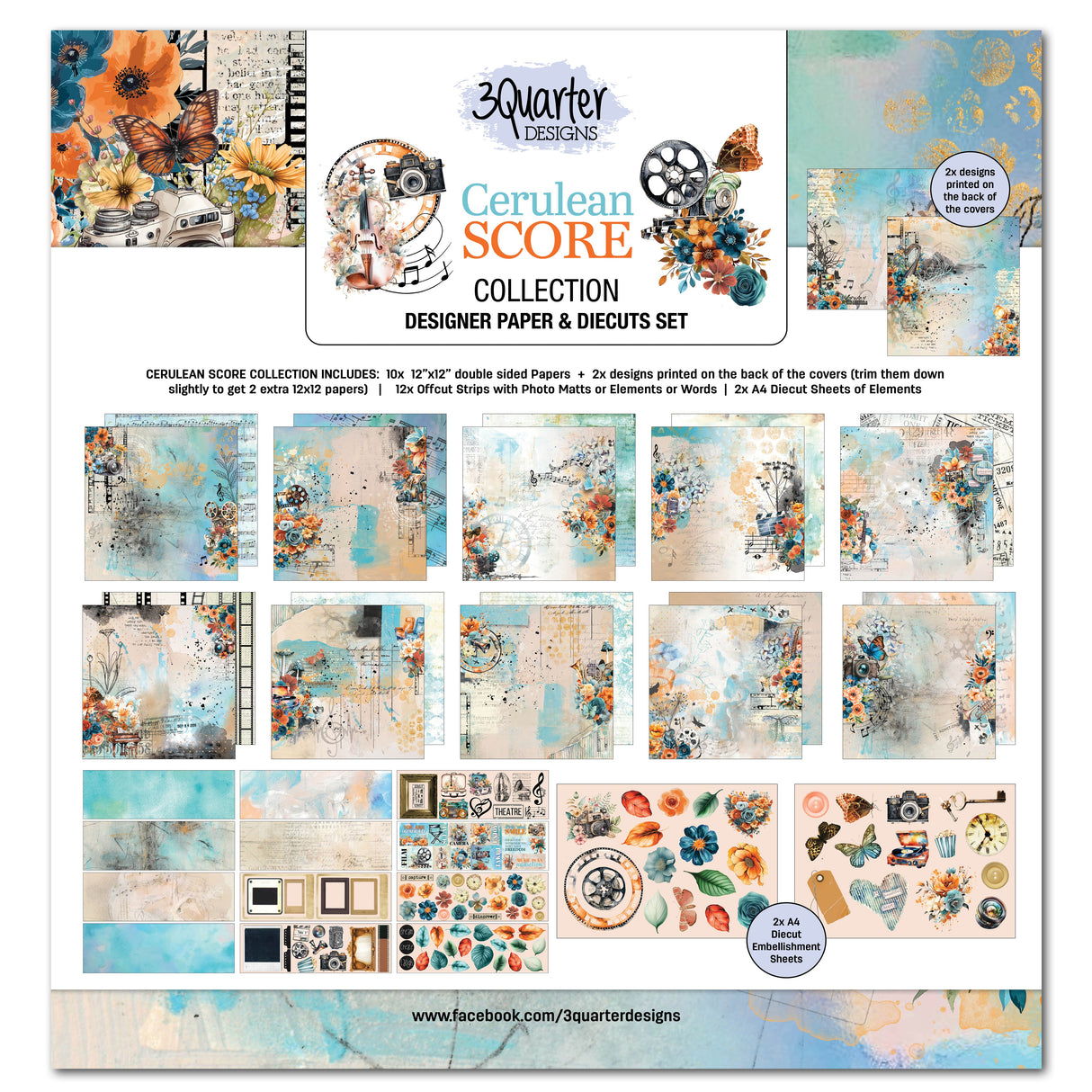 3Quarter Designs Cerulean Score 12x12 Design Paper & Diecuts Set