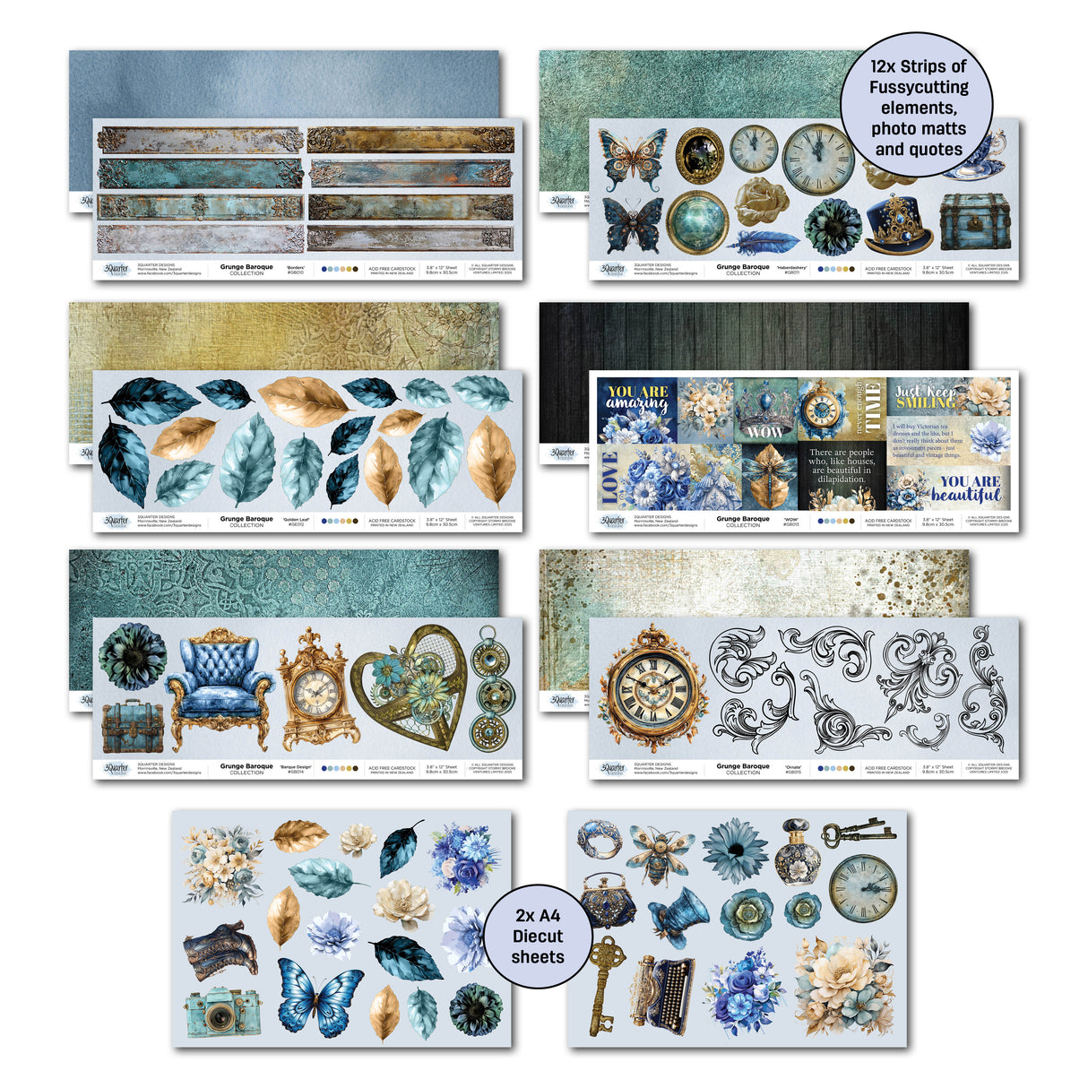 3Quarter Designs Grunged Baroque 12x12 Design Paper & Diecuts Set