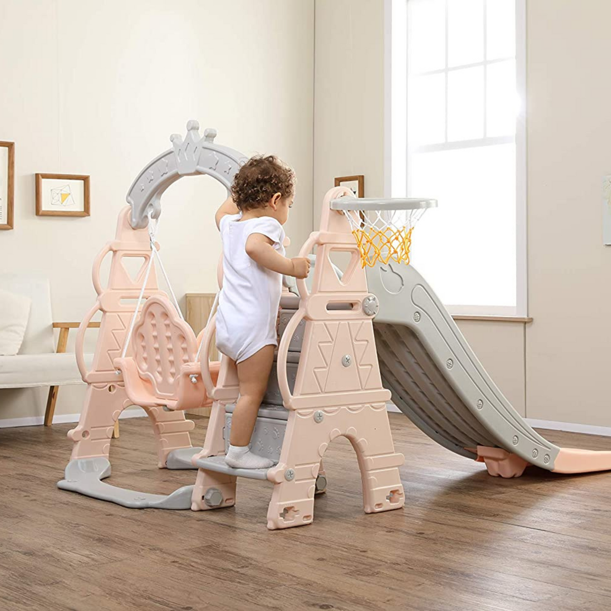 Kids Indoor & Outdoor Luxury 5-In-1 Crown Playset: Slide, Swing & Basketball Playset
