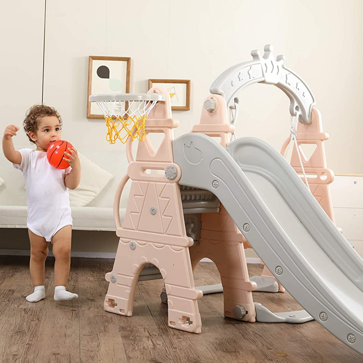 Kids Indoor & Outdoor Luxury 5-In-1 Crown Playset: Slide, Swing & Basketball Playset