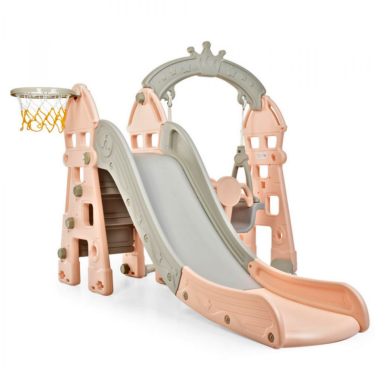 Kids Indoor & Outdoor Luxury 5-In-1 Crown Playset: Slide, Swing & Basketball Playset