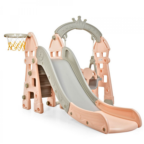 Kids Indoor & Outdoor Luxury 5-In-1 Crown Playset: Slide, Swing & Basketball Playset