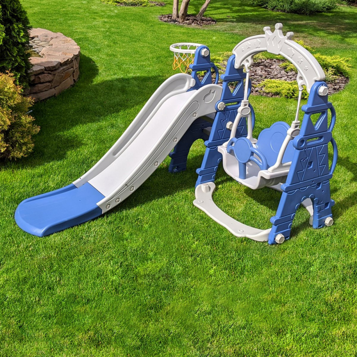 Kids Indoor & Outdoor Luxury 5-In-1 Crown Playset: Slide, Swing & Basketball Playset