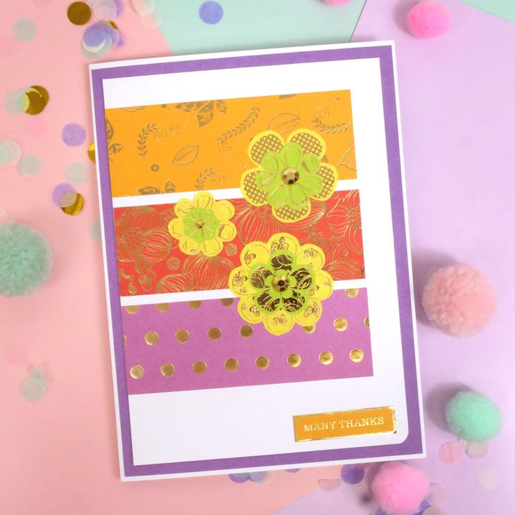 Bold & Bright Stickables A5 Self-Adhesive Foiled Papers decorated card with colorful flowers and polka dots.