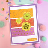 Bold & Bright Stickables A5 Self-Adhesive Foiled Papers decorated card with colorful flowers and polka dots.