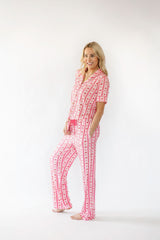 Pink Strawberry & Cherry Bows Adult Button Down Short Sleeve Pajama Top