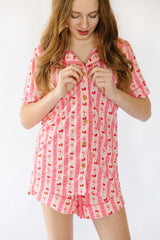 Pink Strawberry & Cherry Bows Adult Button Down Short Sleeve Pajama Top