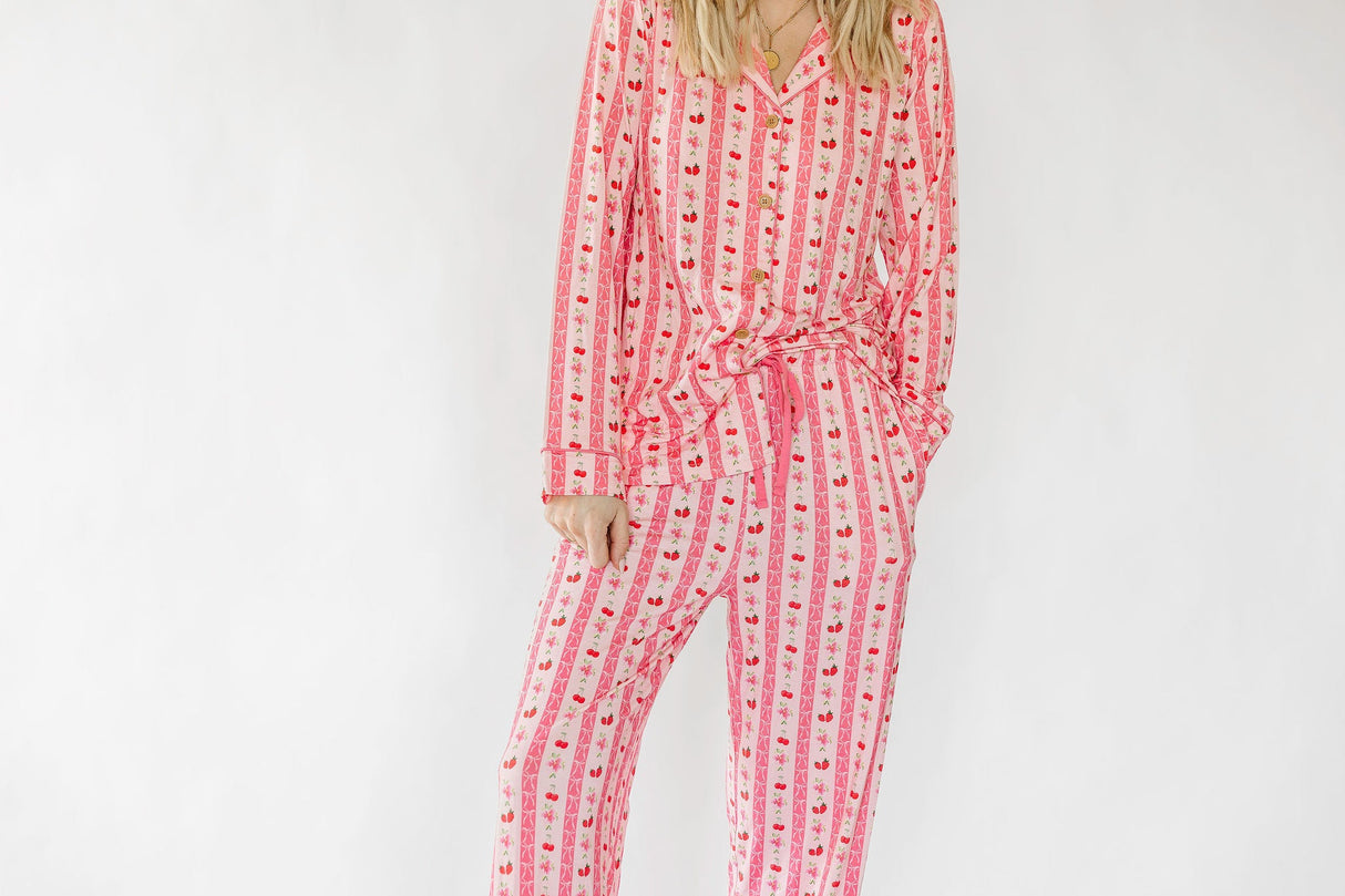Pink Strawberry & Cherry Bows Adult Button Down Long Sleeve Pajama Top